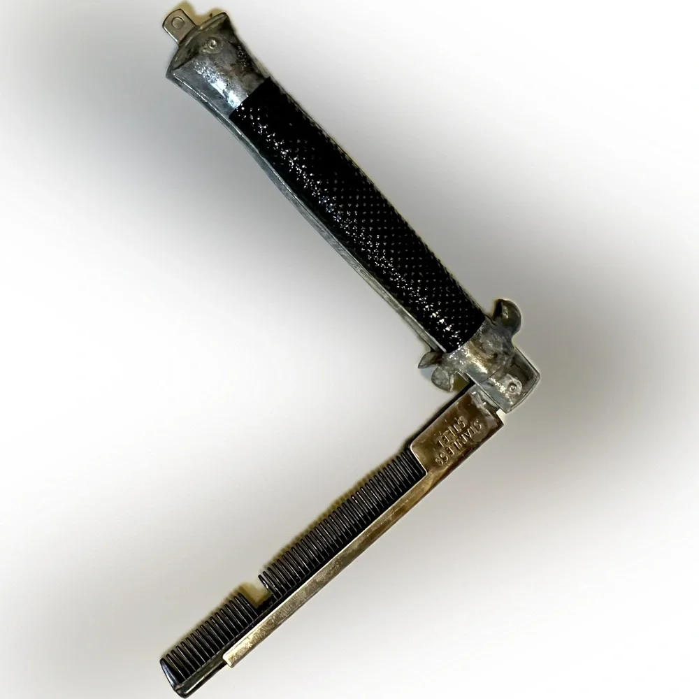 VTG SWITCHBLADE COMB FLAWED BLACK SILVER 5” to 9” STAINLESS HAIR GROOM KNIFE